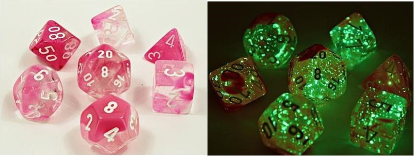 Chessex: Gemini Polyhedral Clear-Pink/White Luminary 7-Die Set