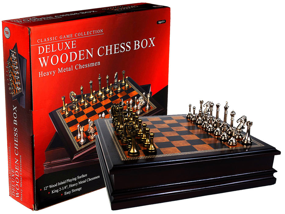 Deluxe Wooden Chess Box With Metal Chessmen