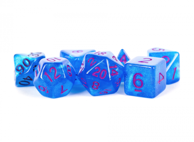 MDG 16mm Acrylic Polyhedral Dice Set: Stardust Blue with Purple Numbers