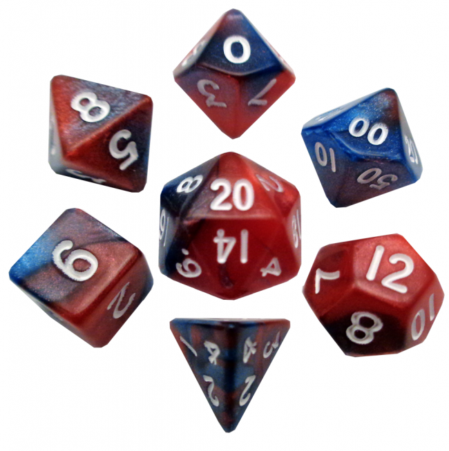 MDG 10mm Mini Polyhedral Dice Set: Red/Blue with White Numbers