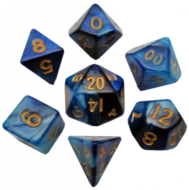MDG 10mm Mini Polyhedral Dice Set: Blue/Light Blue with Gold Numbers
