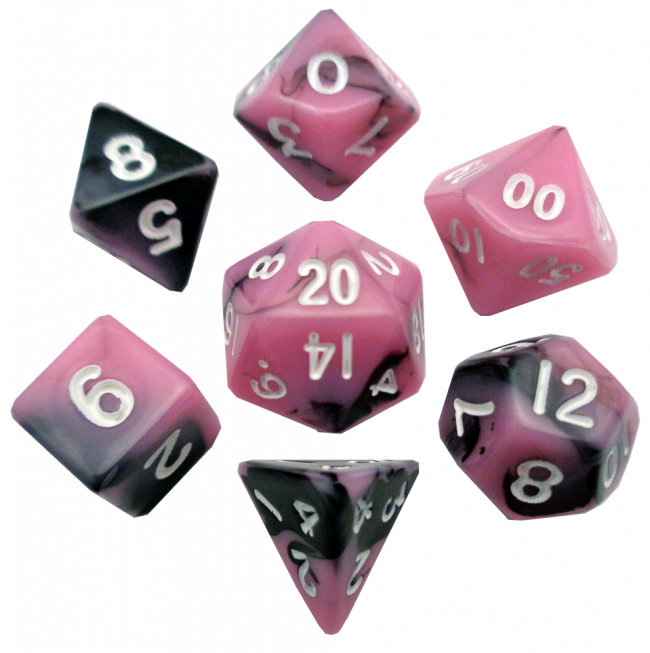 MDG 10mm Mini Polyhedral Dice Set: Pink/Black with White Numbers