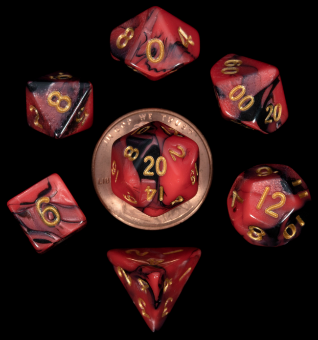 MDG 10mm Mini Polyhedral Dice Set: Red/Black with Gold Numbers