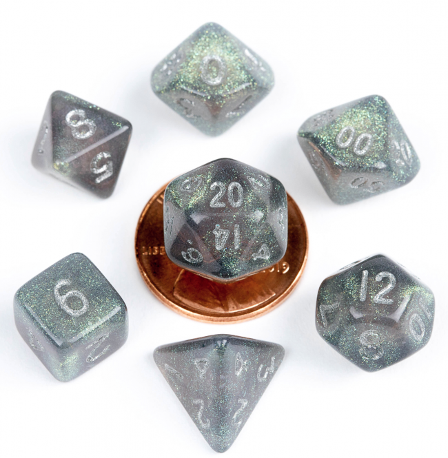 MDG 10mm Mini Polyhedral Dice Set: Stardust Gray with Silver Numbers