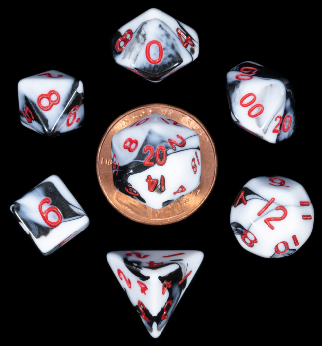 MDG 10mm Mini Polyhedral Dice Set: Marble with Red Numbers