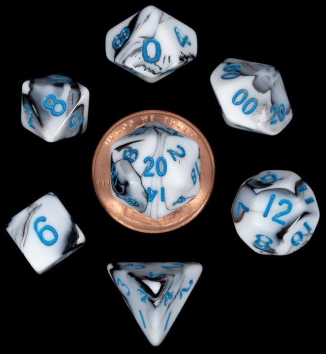 MDG 10mm Mini Polyhedral Dice Set: Marble with Blue Numbers