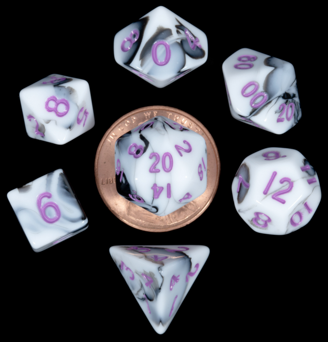 MDG 10mm Mini Polyhedral Dice Set: Marble with Purple Numbers