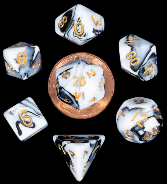 MDG 10mm Mini Polyhedral Dice Set: Marble with Gold Numbers