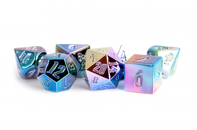 MDG 16mm Aluminium Plated Acrylic Poly Dice Set: Rainbow Aegis Uninked